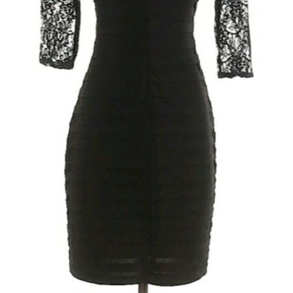 Adrianna Papell Lace Illusion V-neck 3/4 Sleeve Bodycon Dress Black Sz 4P - Picture 9 of 13